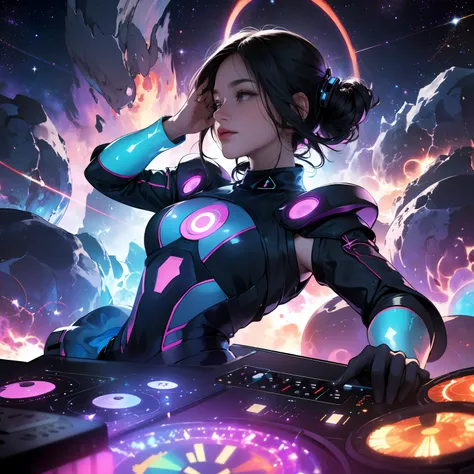 Abstract photograph of a woman, cosmic DJ, celestial party, outer space, cosmos, universe, nebulae, (((dynamic pose and low angle, shallow depth of field)))