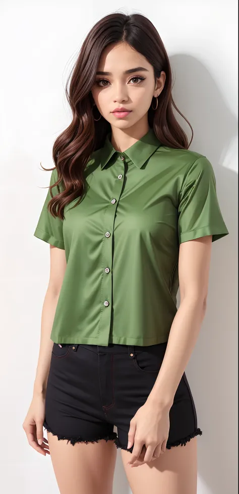 uma mulher linda de camisa verde e bermuda preta posando para uma foto, camisa verde, topo de corte, vestindo camiseta e combates, usando um top cropped, verde oliva, com corte rasgado t - camisa, usando um top cropped, vestindo uma camiseta muscular, cami...