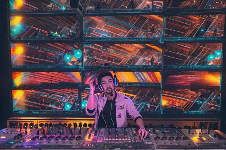 Upper body, (DJ with headphones and microphone: 1,4), mixing console, performing at a vibrant (music festival: 1,2) with (energy people: 1,1) and (stage lights colorful: 1.1),(cinematic lighting), RAW photo, 8K