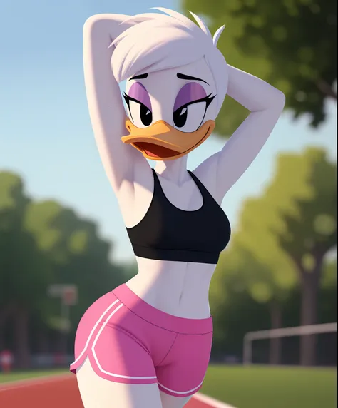 photorealism, female daisy duck, detailed background, outside, eyeshadow, white hair, hairstyle,

wear sports bra, pink shorts, ...