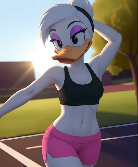 photorealism, female daisy duck, detailed background, outside, eyeshadow, white hair, hairstyle,

wear sports bra, pink shorts, ...