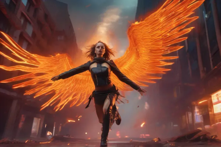 A 4K retrofuturist cyberpunk and epic digital painting with dramatic warm and cool lighting of an evil fallen female angel-cyborg hybrid flying decisively with massive fiery wings in motion over neon lit streets engulfed in flames and crumbling buildings, ...