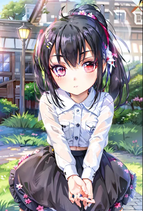 ((masterpiece, best quality)), 1girll, otomo sakura, black hair, red eyes, pony tails, sinobuz, hair adornments, serafuku, black...