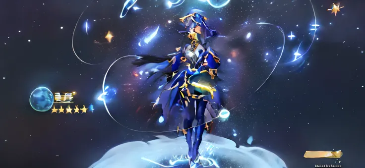 Close-up of a person standing on a surface，There is a star in the background, Beautiful celestial mage, astral witch clothes, lunar themed attire, goddess of galaxies, A scene from the《the original god》videogame, anime art nouveau cosmic display, cyborg go...