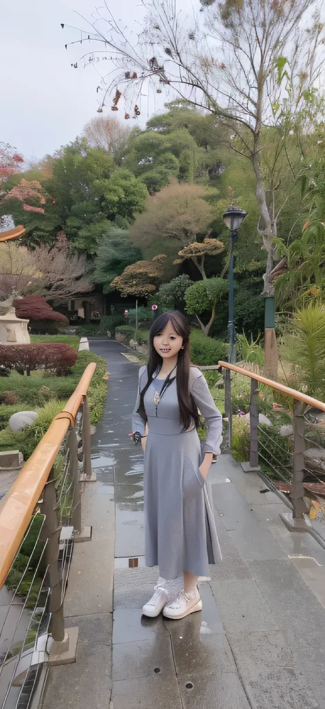 Araki woman in a gray dress standing on the bridge, standing in a botanical garden, photograph taken in 2 0 2 0, ancient garden behind her, xintong chen, inspired by Yan Liben, with a park in the background, on the garden, In Park, with a park in the back ...