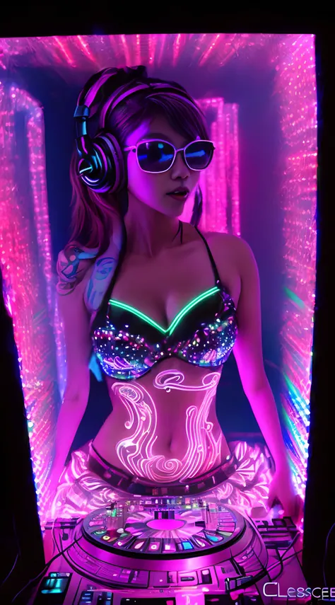 a close up of a picture of a person in a picture frame, infinity mirror, 3 d neon art of a womens body, psychedelic photoluminescent, vivid!!, psychedelic lighting, psychedelic black light, by Jon Coffelt, lsd visuals, neon version of style jim burns, leds...