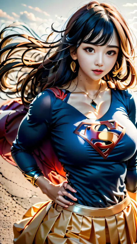 Supergirl Photo Portrait、Colorful, realistic round eyes、Dreamy and magical atmosphere、Superheroine costumes、Superman logo on chest、(A large breast:1.3)、Lightly wavy white blonde hair、Shorthair、（white male、Feminine abs）、（ shiny skins、high gloss skin、shrinks...