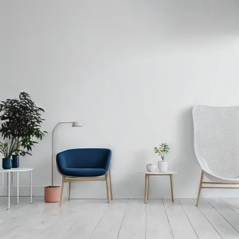 a white room with a blue chair, ((HD)), living room, elegant minimalism, interior white wall, minimalistic and beautiful, minimalistic composition, sitting in an empty white room, minimalist environment, minimalistic design, modern pastel colours, minimali...