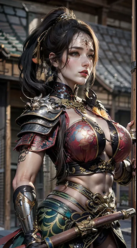 Ancient Chinese architecture，Female warriors in national style，Wear revealing armor，Simple clothing， Minimalist style，Mixed Chinese and American races，The background is blurred out，focal，Cowboy shot，电影灯光，(((tmasterpiece))), ((best qualtiy)), ((Complex and ...