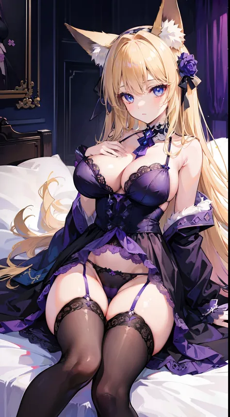 High quality, masterpiece, ultra-detailed, black stockings, purple lingerie, purple panties, choker, headress, 1girl, solo, peaceful expression, long blonde hair, enchanting blue eyes, fox ears, big breasts, bedroom