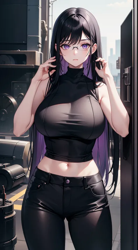 young girl, Long black hair, violet eyes, eyeglasses, Black sleeveless shirt, Huge-breasts, pants, fuel oil, An overly curious person, Masterpiece, hiquality