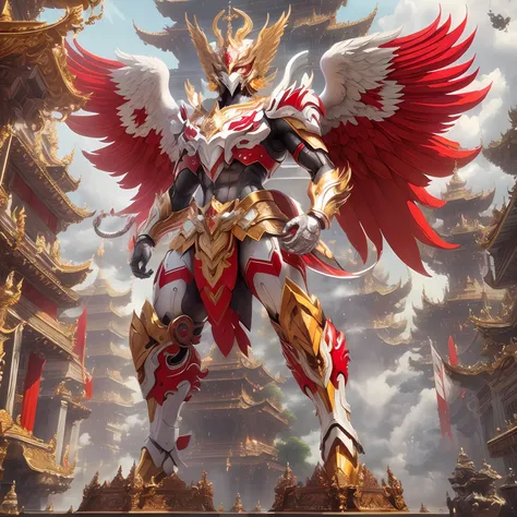 masterpiece,highly detail(Metalic Red and White,Reflect,:1.3)phayakrut king garuda{best quality},, super huge GARUDA solo, very detail, modern city, tower,building,highway, clouds and mist, white armor, Gundam with big Shield and Bamboo stick, 
(extremely ...