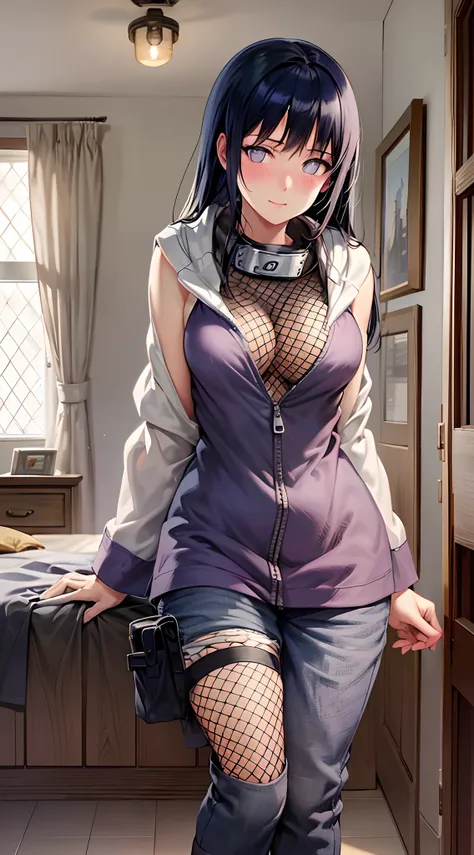 Masterpiece, High definition, high quality, detailed face, detailed body rendering, 1girl, solo,  Hinata sleeveless clothing,room,, sleeveless shirt,( fishnet garment),  unzipper jacket,  standing, blush, (in bedroom)