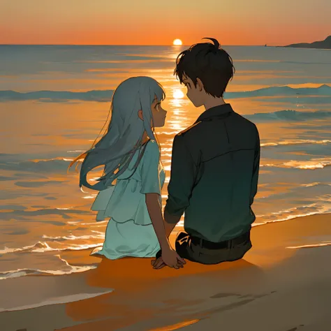 Sunset by the sea, Two people sitting on the back of the beach, they hold hands, the girl holds a flower in her hand, and the boy looks at her dotingly（requirements：a warm color palette）