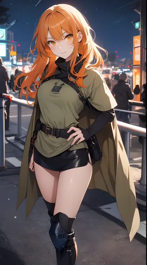 Orange eyes are light,Rich faded light orange hair, Anime 1 girls, No skirt, Brown military boots, Pouch on the belt, Khaki bikini, "Black tights", "Dark_Orange knee pads on the right leg",( Night City:1.4), long black cape, (nice hand:1.5 ) good legs, (Go...