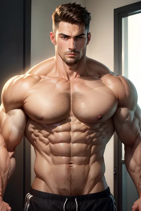 muscle men，large pecs，Eight-pack abs，Bare topless，short detailed hair