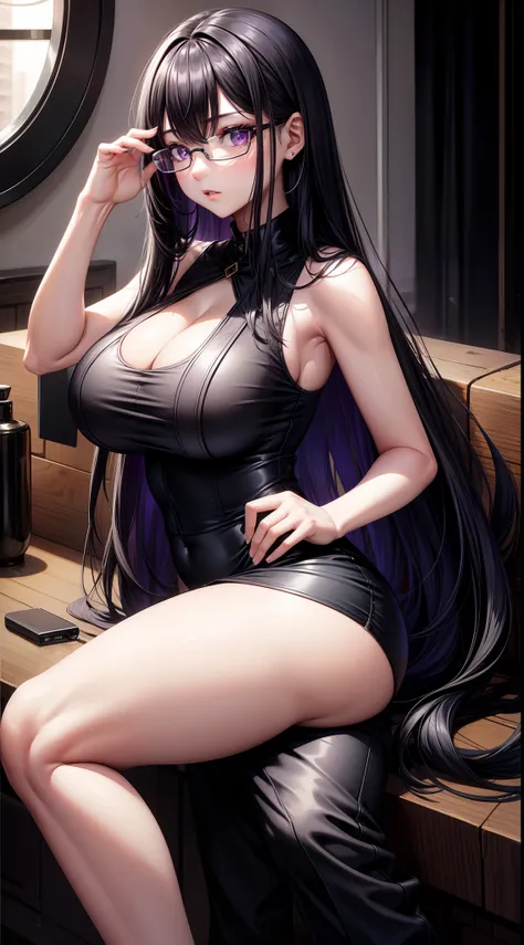 young girl, Long black hair, violet eyes, eyeglasses, Black sleeveless shirt, Huge-breasts, pants, fuel oil, An overly curious person, Masterpiece, hiquality