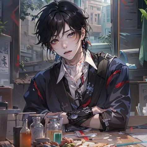 1 young man，，Black hair，Black shirt，red eyes，jewely，leafs，looking at viewert，female focus，choker necklace，The shirt，Wrist watch，In black suit，Messy long hair, Trends on ArtStation, 8K分辨率, The is very detailed, anatomically correcte, Sharp Images, digitial ...