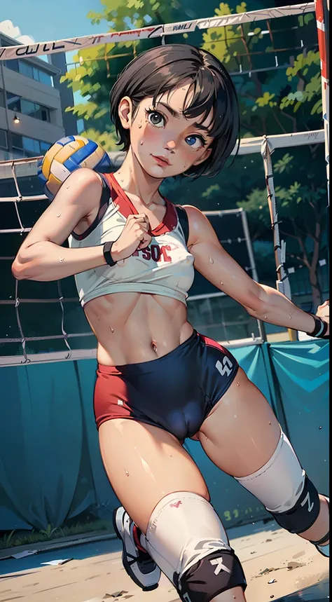 (masterpiece, 4k ,ultra detailed:1.2),(beautiful face:1.2),(anime:1.2),illustration,(solo:1.2),(looking at viewer:1.4),(supermodel:1.3),(volleyball athlete:1.4),(volleyball uniform:1.4),(bike shorts:1.4),(volleyball:1.5),(sweaty skin:1.3),(white hair),(ban...