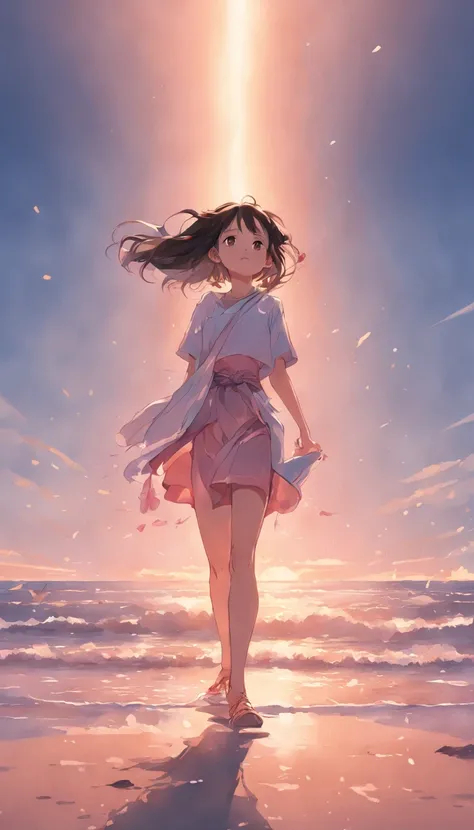 best qualtiy，tmasterpiece，超高分辨率，（真实感：1.4），RAW photogr，warm lights，The sea and the beach，1girl，Walking on the beach，White color blouse，Short pink skirt，sandals，the setting sun，cabelos preto e longos，（slim，dignified，shyexpression），Beautiful teenage girl，Beau...