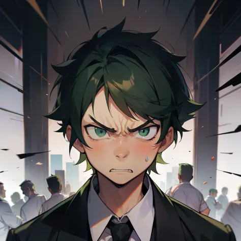 A fat boy with short green hair and a black school uniform，Angry expressions，angry look，fatness，dementia