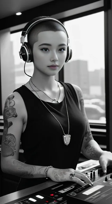 Best quality, Masterpiece, Ultra High resolution, (Fidelity :1.4), (B&W:1.3), original photo, Edge lighting, two-tone Light, Professional, Photography, 1 girl, bar, girl wearing headphones, Dding in bar, DJ, DJ booth, DJ machine, (buzz cut:1.1), (Tattoo :1...