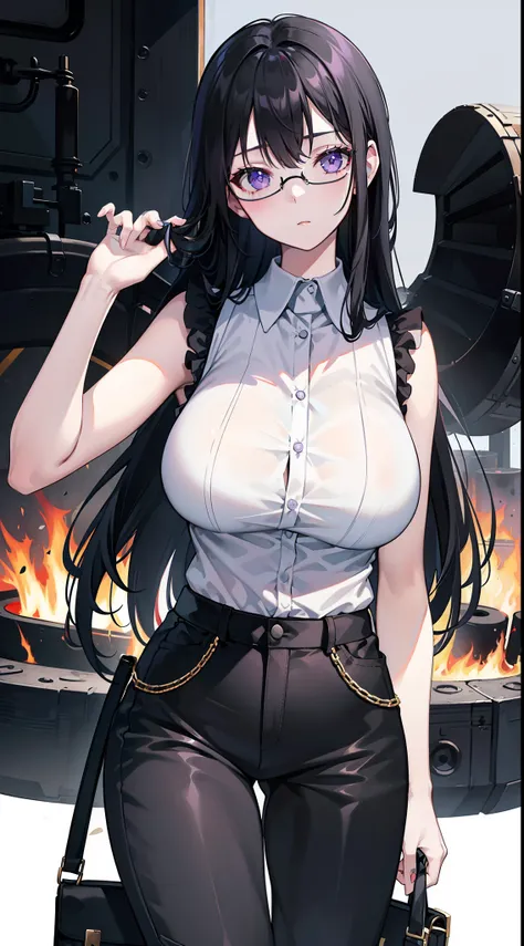 young girl, Long black hair, violet eyes, eyeglasses, Black sleeveless shirt, Huge-breasts, pants, fuel oil, An overly curious person, Masterpiece, hiquality