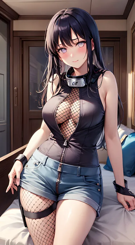 Masterpiece, High definition, high quality, detailed face, detailed body rendering, 1girl, solo,  Hinata sleeveless clothing,room,, sleeveless shirt,( fishnet garment),  unzipper jacket,  standing, blush, (in bedroom)