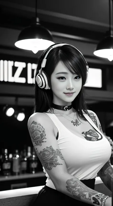 best qualtiy，tmasterpiece，超高分辨率，(fidelity:1.4)，(B&W:1.3)，professinal，photography of，1个Giant Breast Girl，Dee bar，Girl wearing headphones，DJ in the bar，Upper body，A female DJ，Look at the crowd，DJ, DJ booth，DJ Player，stage lighting，(buzz cut:1.1)，(Tattooed wi...