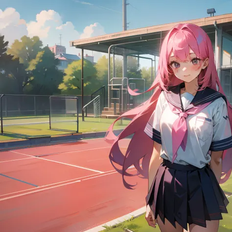 A girl with long pink hair，in school uniform，whole body display，In the school playground