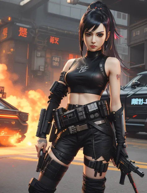 Alafed woman in black clothes with gun and gun, badass anime 8 K, female cyberpunk anime girl, Cyberpunk Anime Girl, cyberpunk 2 0 y. o Model girl, katana zero video game character, inspired by Leng Mei, cyberpunk angry gorgeous goddess, Cyberpunk Girl, ba...