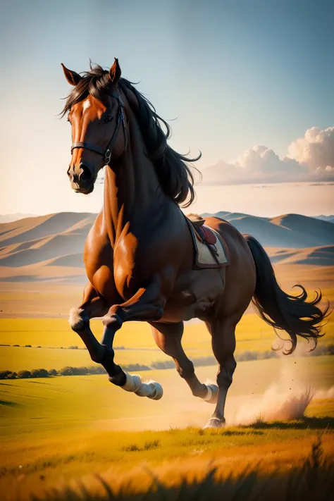 A horse gallops across the steppe，Realiy，Running horses，Galloping across the steppe，Best quality at best，The most beautiful grassland scenery，Watch from a distance，Faraway view，There are steppes，Beautiful prairie pictures