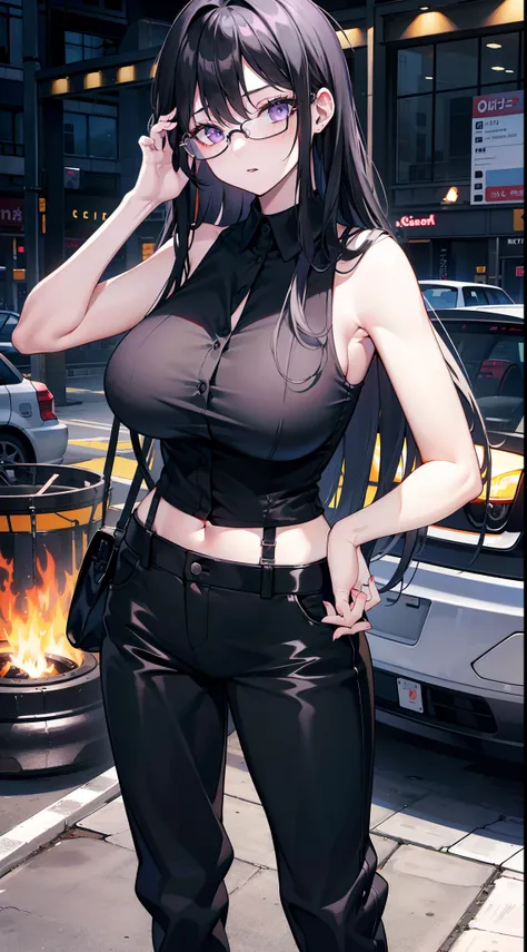 young girl, Long black hair, violet eyes, eyeglasses, Black sleeveless shirt, Huge-breasts, pants, fuel oil, An overly curious person, Masterpiece, hiquality