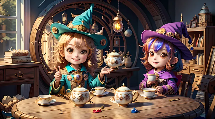 Masterpiece, Best Quality, Wizard Tea Party, [Chibi], Handsome Witch, Beautiful Witch, Happy, Energetic, Colorful,