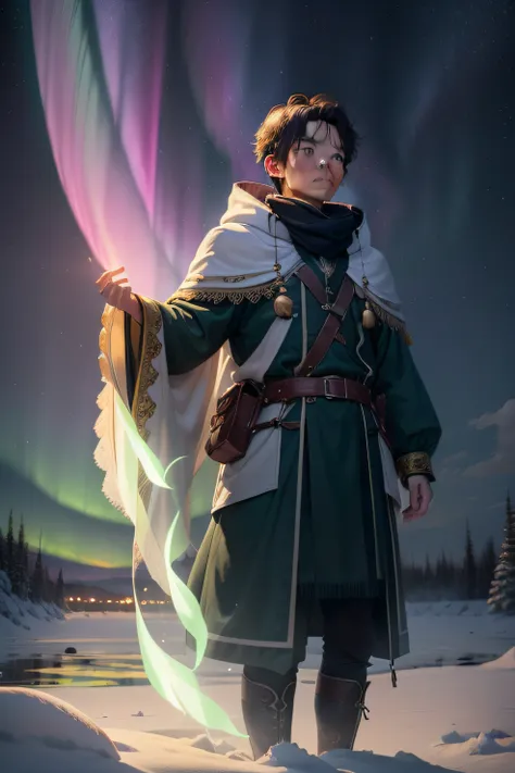 In the vast northern land，A lonely traveler stands on a snow-white ice field，Look up at the brilliant aurora in the sky。
Under the curtain of night，The stars twinkle，Dotted with pitch-black firmament，Like countless precious gemstones scattered in the bound...