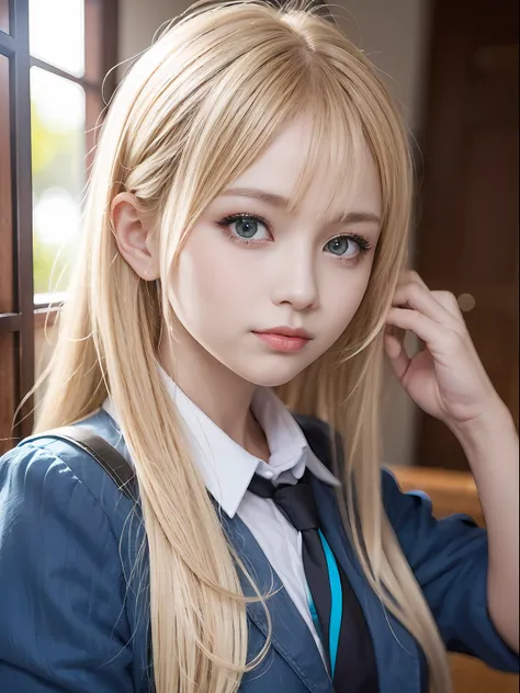 portlate、School Uniforms、bright expression、Young shiny shiny white shiny skin、Best Looks、Blonde reflected light、Platinum blonde hair with dazzling highlights、shiny light hair,、Super long silky straight hair、Beautiful bangs that shine、Glowing crystal clear ...