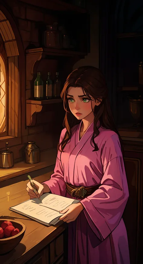 A beautiful woman with green eyes and brown hair She is a sorceress wearing silk robes Low lighting Pink lips in the kitchen A princess of magic and a sad look of dramatic concern An art for an RPG A medieval art for RPG