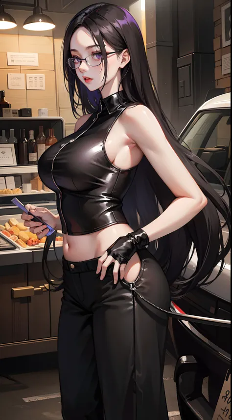 young girl, Long black hair, violet eyes, eyeglasses, Black sleeveless shirt, Huge-breasts, pants, fuel oil, An overly curious person, Masterpiece, hiquality