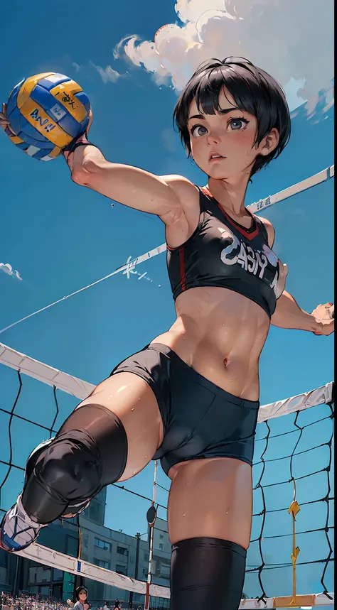 (masterpiece, 4k ,ultra detailed:1.2),(beautiful face:1.2),(anime:1.2),illustration,(solo:1.2),(black skin),(looking at viewer:1.4),(supermodel:1.3),(volleyball athlete:1.4),(volleyball uniform:1.4),(bike shorts:1.4),(volleyball:1.5),(sweaty skin:1.3),(whi...