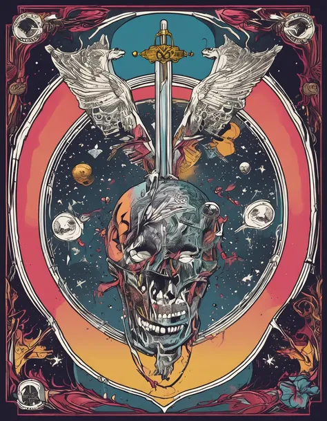 A tarot card, Elon musk, dead, skulls