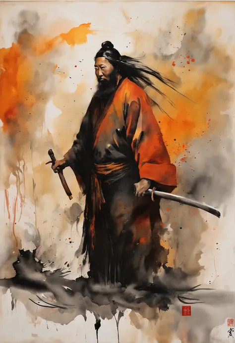 Chinese ink style，ink，Smudge，Young Taoist，One hand holds a sword behind him，The tip of the sword asked，Cultivate into an immortal，Fairy wind bone road，Tai Chi totem background，long and flowing hair，Wide robe，8k，super-fine