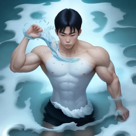 a young Japanese man, Strong physique, Uniforme branco,  water elemental, on top of the water