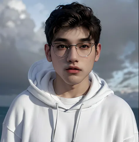 (masterpiece:1.2), (best quality:1.2), hyper realistic,highestres,absurdres,extremely detailed,volumetic,dramatic lighting,(frontal view),
20 year old boy,face,detailed eyes, white hoodie, black t-shirt, with background ((sky))