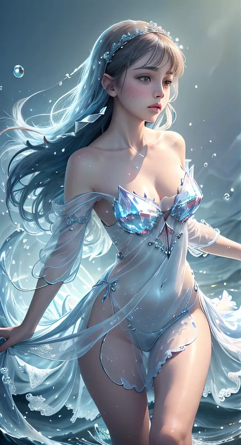 (Masterpiece, Top Quality, Best, Official Art, Beautiful and Aesthetic, Long Exposure: 1.2), Smooth Movement, Charming Patterns, 1 Girl, Cleavage: 1.4), (Long Dress with Sleeves: 1.3) , long blue dress, small pert breasts: 1.2), hard nipples visible, bare ...