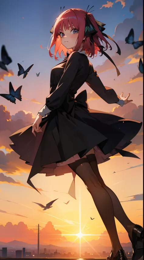 anime girl, looks at viewer, tokyo, pink hair, two black and blue butterfly bows, black tights, gothic dress, short hair, anime Japan, sunset, closed mouth, tsunderee, tights