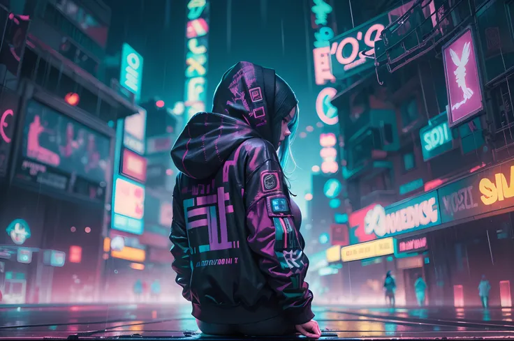 "Woman wearing a cyberpunk hoodie outfit in a city filled with neon lights, surrounded by letters. The image should be in 8k resolution, showcasing the full body of the woman from a back view. Capture the rainy atmosphere with a SONY Alpha A2 camera, ensur...