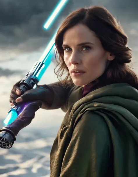 A photo, portrait of the actress felicity jones, as a jedi, holding a lightsaber