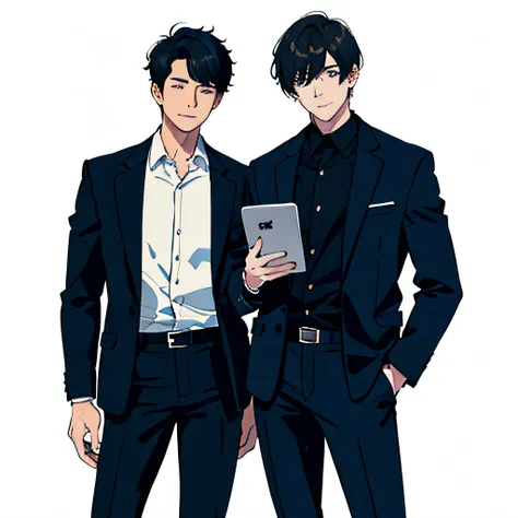 Two Men Standing Side by Side, One was a businessman in a jacket.、The other is a 25-year-old engineer with a MacBook, Black hair, Short hair, Black eyes, Stylish jacket, Black pants, The body is facing the viewer, Smile Evenly, white backgrounid