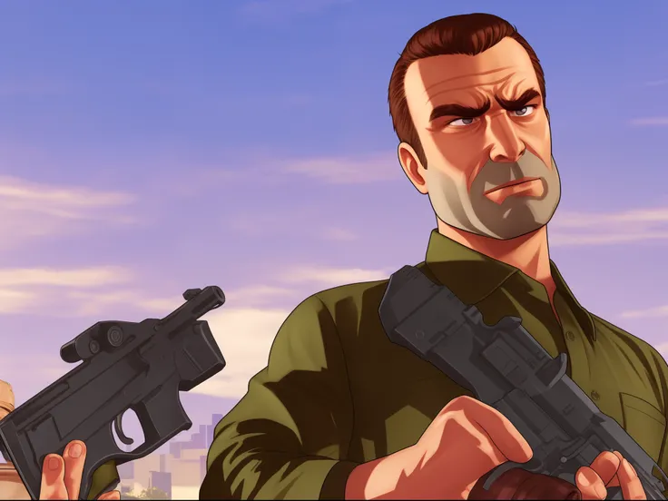 Close-up of a cartoon character holding a gun, GTA in San Fierro, GTA, 000 - wikipedia, Weiss City style in GTA, Grand Theft Auto style, GTA artstyle, IN GTA STYLE,, TF2, TF 2, Miami Hotline