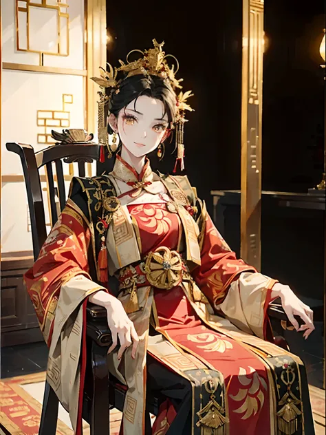 1 woman，超高分辨率，pretty  face，Yellow eyes，Red and gold dress, Hanfu ,Chinese clothes,head gear, crown，((Black coiled hair))，Faraway view，Bright lighting，gold earring，ssmile，Sit in a chair，Background with：Ancient Chinese royal palace，